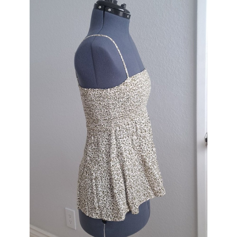 Paper Crane Womens Sz S Tiny Green/ Ivory  Strappy Smocked & Flair Casual Blouse